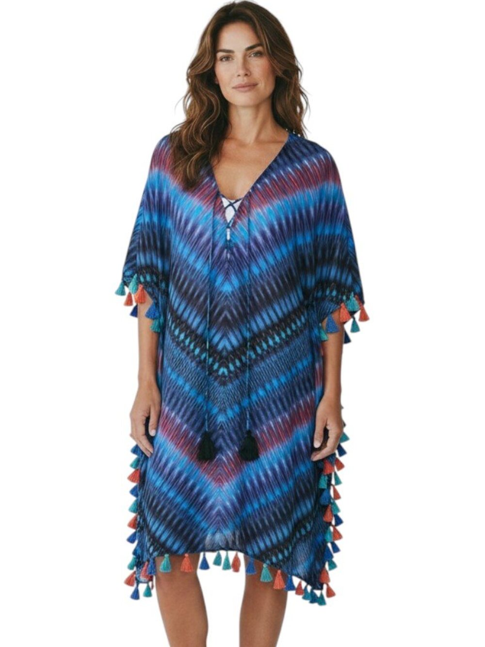 Miraclesuit Marrakech Caftan Cover Up Multicolor Chevron Tassel Trim Cotton Sz M